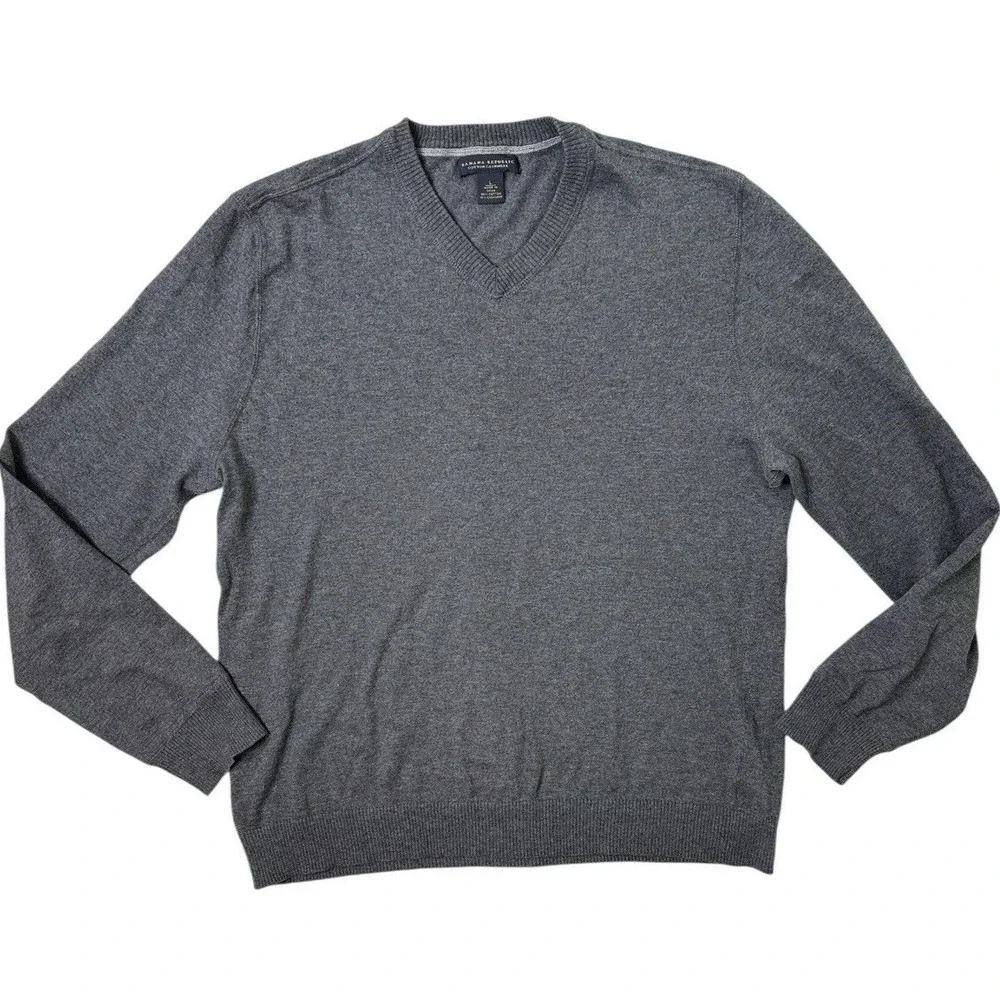 Banana Republic Mens Large Gray V-Neck‎ Long Sleeve Cotton Cashmere Sweater VTG